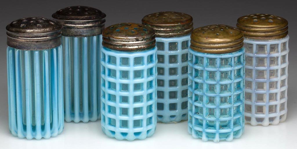 A. J. BEATTY AND SONS OPALESCENT SALT AND PEPPER SHAKER: A. J. BEATTY AND SONS OPALESCENT SALT AND PEPPER SHAKERS, LOT OF SIX, blue and colorless opalescent, comprising four Beatty Honeycomb and a pair Beatty Rib, three pair matching period lids. A. J. Beat