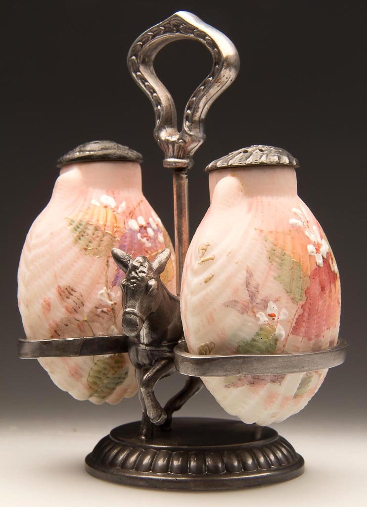 MT. WASHINGTON COCKLESHELL PAIR OF SALT AND PEPPER SHAK: MT. WASHINGTON COCKLESHELL PAIR OF SALT AND PEPPER SHAKERS, opaque white with pale rose shading and matching polychrome floral decoration, each with plush/satin finish and matching period lids. Fitted