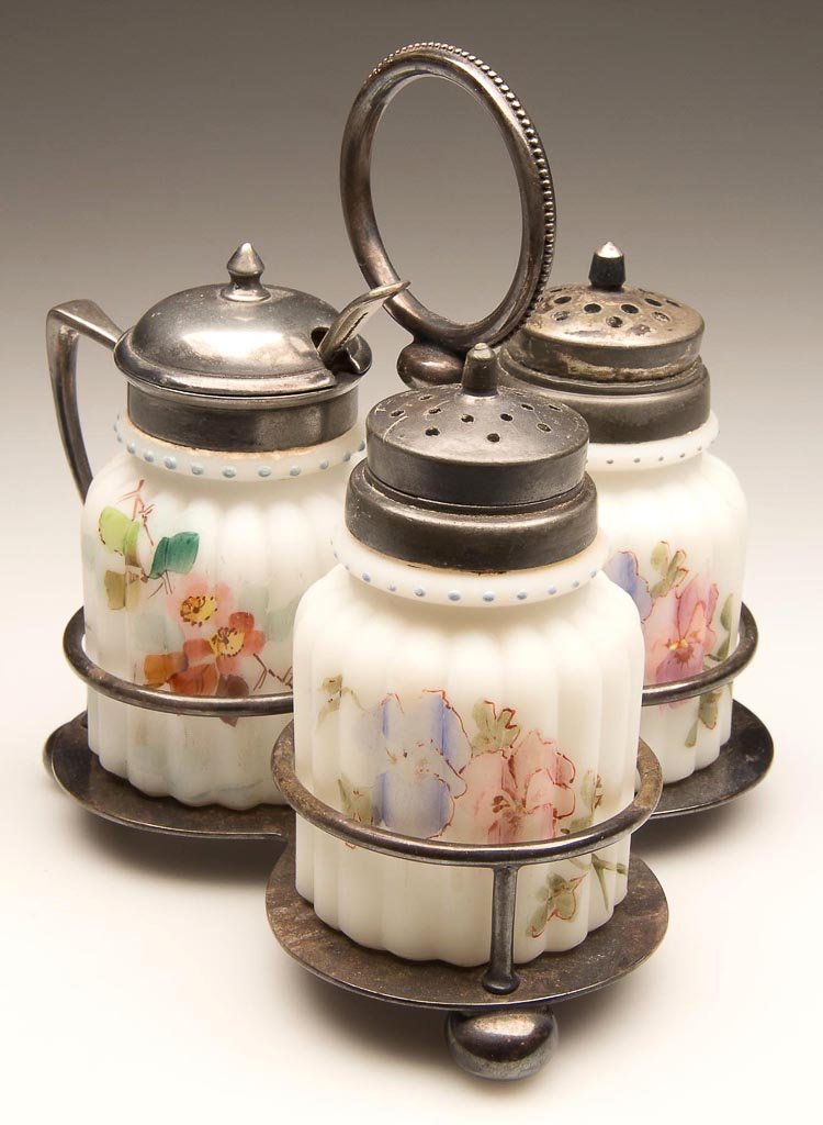 MT. WASHINGTON RIBBED - SHORT THREE-BOTTLE CONDIMENT SE: MT. WASHINGTON RIBBED - SHORT THREE-BOTTLE CONDIMENT SET, opal with polychrome floral decoration, comprising a pair of shakers and a mustard pot, plush/satin finish, matching period two-part lids. Fit