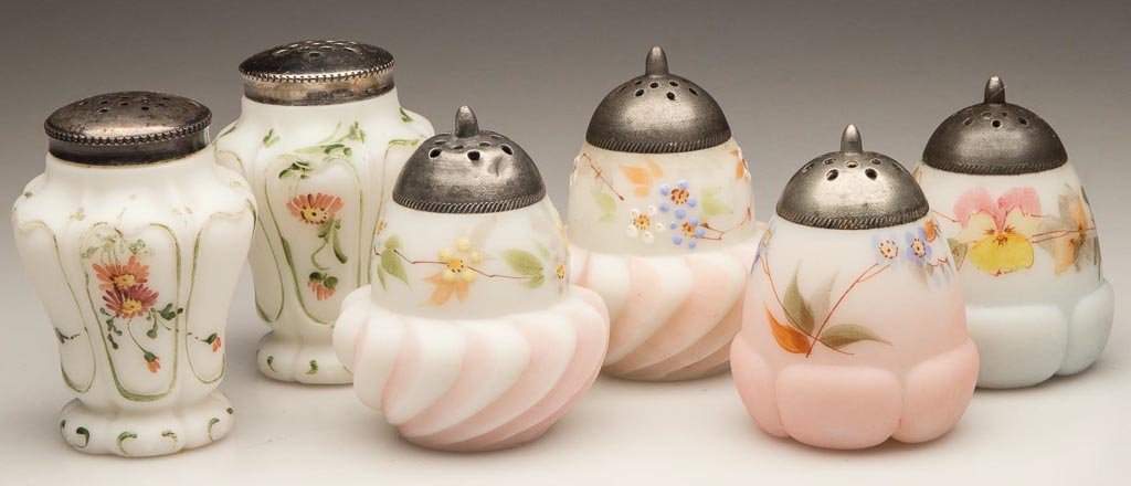 ASSORTED MT. WASHINGTON / PAIRPOINT SALT AND PEPPER SHA: ASSORTED MT. WASHINGTON / PAIRPOINT SALT AND PEPPER SHAKERS, LOT OF SIX, opal with plush/satin finish and polychrome floral decorations, pairs of Loop and Daisy, Egg in Blossom, and Egg in Cup, matchi