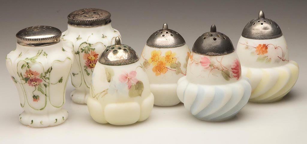 ASSORTED MT. WASHINGTON / PAIRPOINT SALT AND PEPPER SHA: ASSORTED MT. WASHINGTON / PAIRPOINT SALT AND PEPPER SHAKERS, LOT OF SIX, opal with plush/satin finish and polychrome floral decorations, pairs of Loop and Daisy, Egg in Blossom, and Egg in Cup, matchi