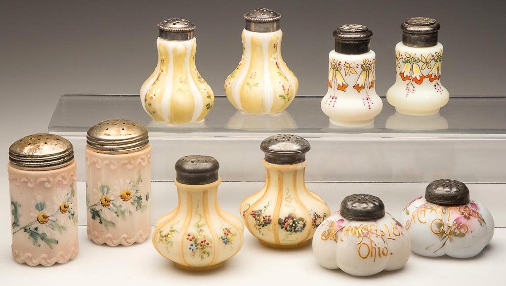 ASSORTED MT. WASHINGTON / PAIRPOINT SALT AND PEPPER SHA: ASSORTED MT. WASHINGTON / PAIRPOINT SALT AND PEPPER SHAKERS, LOT OF TEN, opal with plush/satin finishes and polychrome floral decorations, pairs comprising Twelve Panel - Scrolled, Lobe - Squatty with