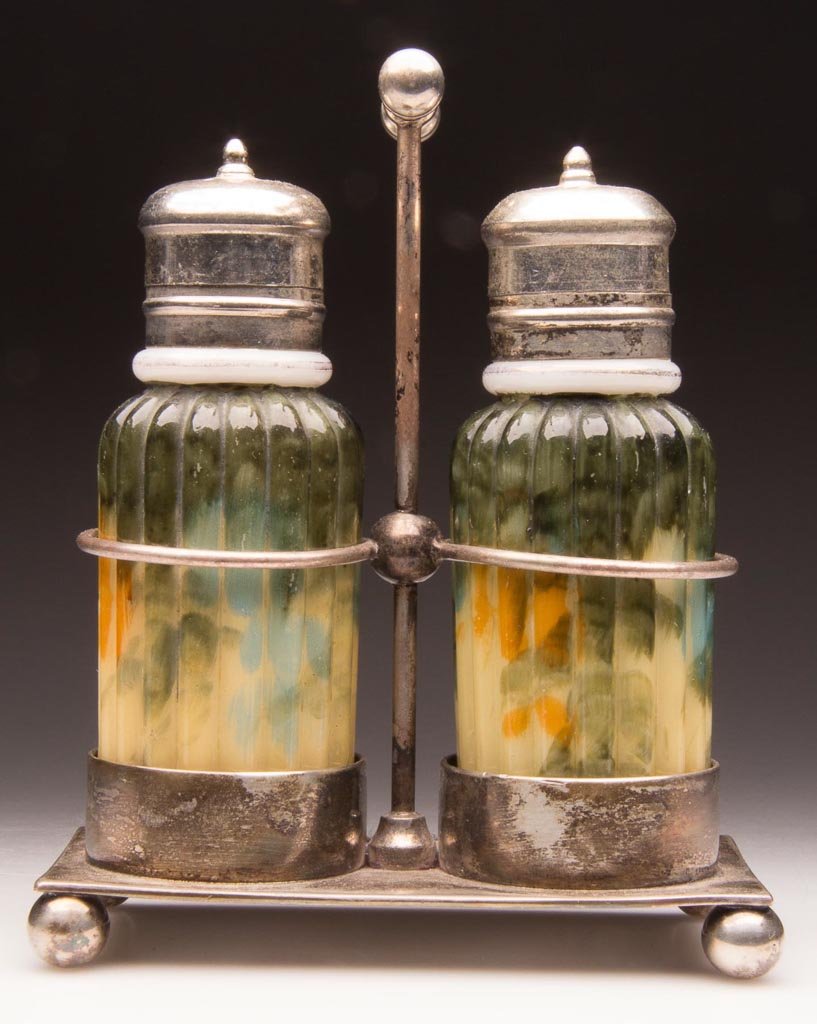 MT. WASHINGTON PILLAR - RIBBED / RIBBED (OMN) PAIR OF S: MT. WASHINGTON PILLAR - RIBBED / RIBBED (OMN) PAIR OF SALT AND PEPPER SHAKERS, opal with olive green shoulder and cream lower body, with polychrome enamel decoration to mid-body, glossy finish, with m