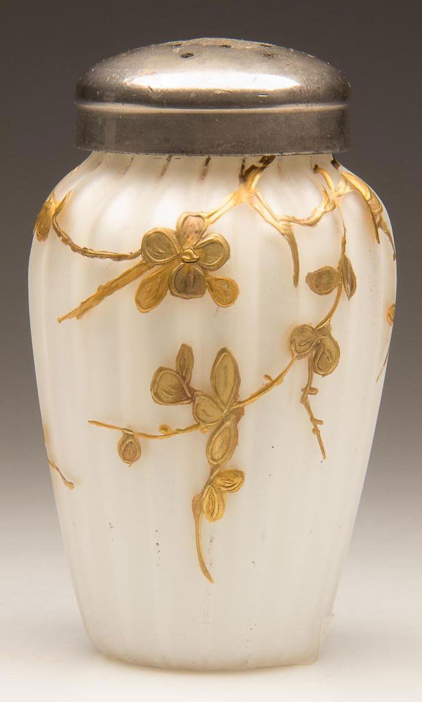 PILLAR AIR-TRAP - TAPERED SALT SHAKER: PILLAR AIR-TRAP - TAPERED SALT SHAKER, opal cased colorless satin, gilt flowering tree decoration, period two-part lid. Possibly Thomas Webb & Sons. Fourth quarter 19th century. 3 1/4" HOA. Provenance