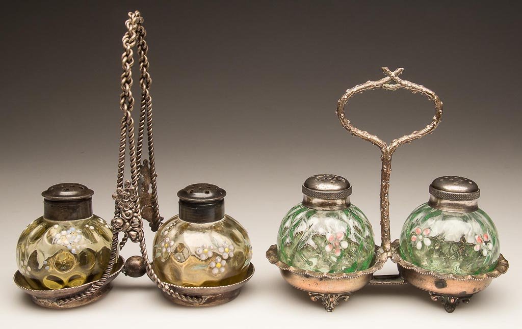 ASSORTED SPHERE SALT AND PEPPER SHAKERS, TWO PAIR: ASSORTED SPHERE SALT AND PEPPER SHAKERS, TWO PAIR, comprising pair of amber spot-optic shakers with matching, period two-part lids, and a pair of green diamond-optic shakers with matching period lids,