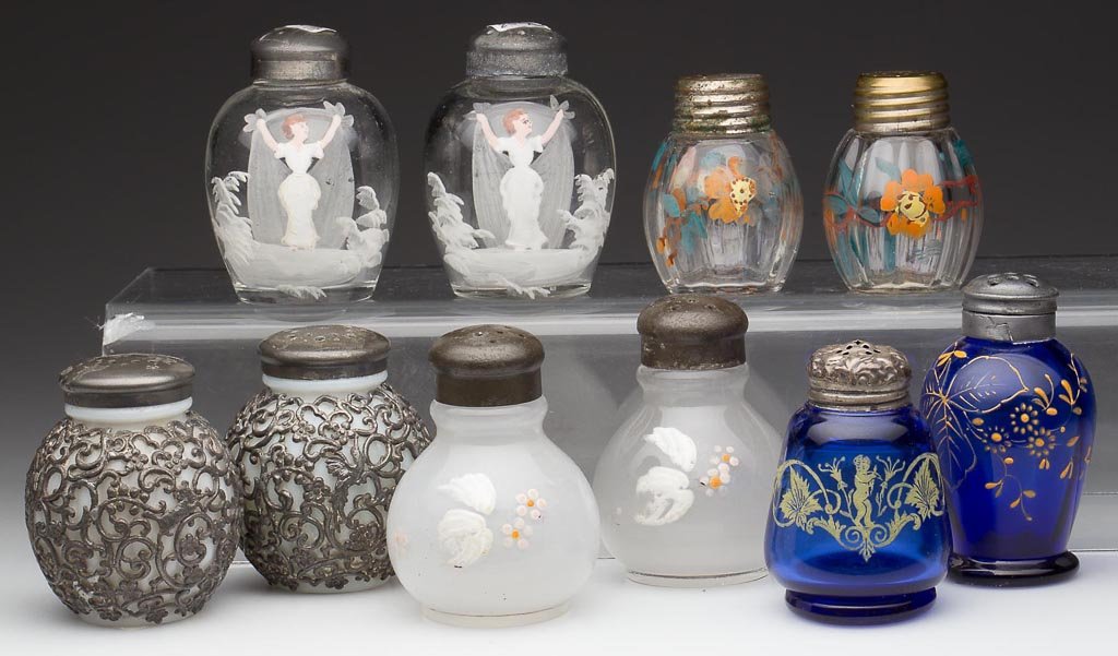 ASSORTED COLORED OR DECORATED SALT AND PEPPER SHAKERS, : ASSORTED COLORED OR DECORATED SALT AND PEPPER SHAKERS, LOT OF TEN, pairs and singles, including cobalt blue Mary Ann, cobalt blue Inverted Bulb - Small Ring Base, and translucent Ring Necked Orb, peri
