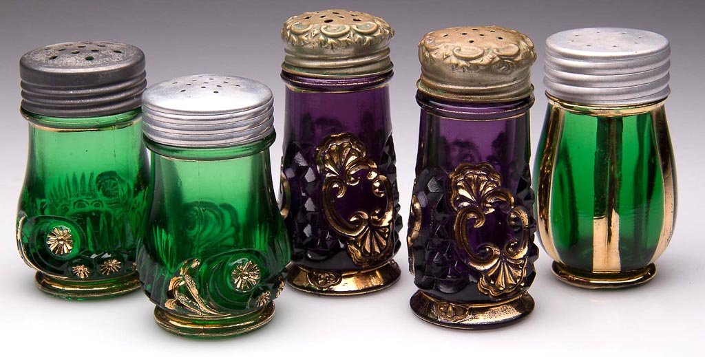 ASSORTED RIVERSIDE EAPG SALT AND PEPPER SHAKERS, LOT OF: ASSORTED RIVERSIDE EAPG SALT AND PEPPER SHAKERS, LOT OF FIVE, comprising pairs of amethyst Croesus and green Esther, and a single X-Ray, each with gilt decoration, period and non-period lids. Riversid