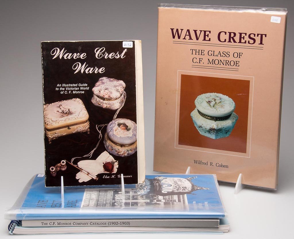 C. F. MONROE / WAVE CREST REFERENCE VOLUMES, LOT OF FIV: C. F. MONROE / WAVE CREST REFERENCE VOLUMES, LOT OF FIVE, comprising "Wave Crest, The Glass of C. F. Monroe", Wilfred R. Cohen, signed with personal note; "Wave Crest Ware, An Illustrated Guide to the
