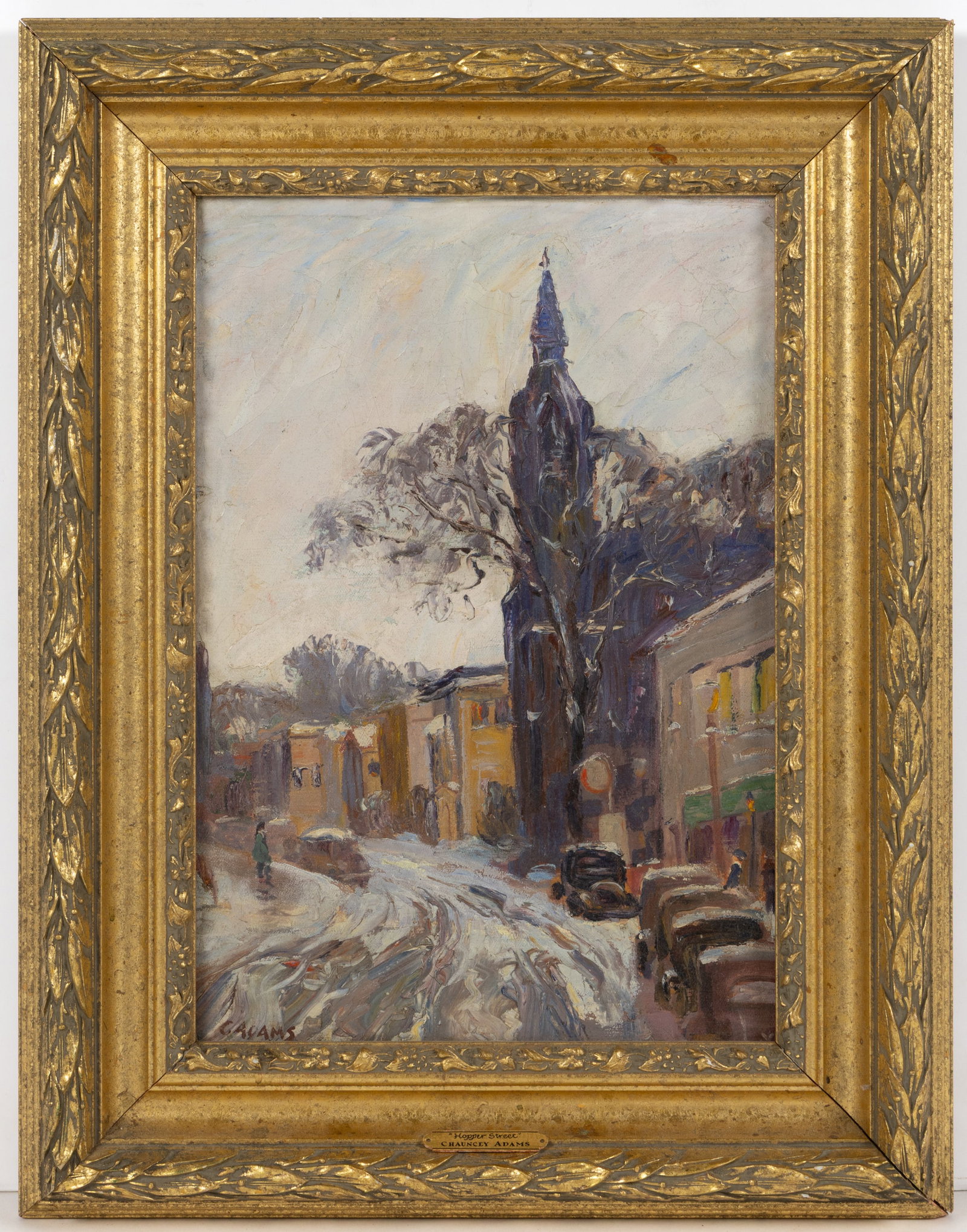 CHAUNCEY M. ADAMS (NEW YORK, 1895-1965) "HOPPER STREET" UTICA, NEW YORK WINTER STREET SCENE: CHAUNCEY M. ADAMS (NEW YORK, 1895-1965) "HOPPER STREET" UTICA, NEW YORK WINTER STREET SCENE, oil on canvas, depicting a wintry street scene with a large number of cars parked on the side of 