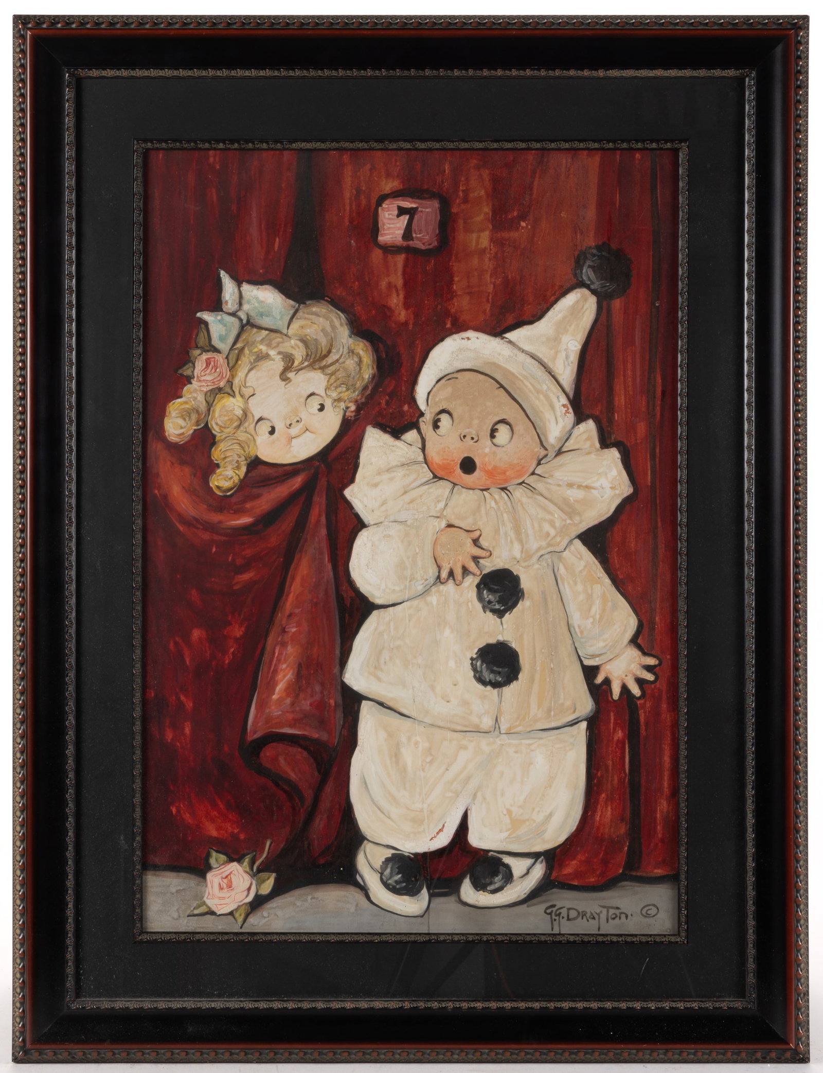GRACE DRAYTON (AMERICAN, 1877-1936) ILLUSTRATION ART PAINTING: GRACE DRAYTON (AMERICAN, 1877-1936) ILLUSTRATION ART PAINTING, oil on paper/cardstock, depicting a boy dressed as a Pierrot clown being startled by a girl poking her head out from behind curtains. Sig