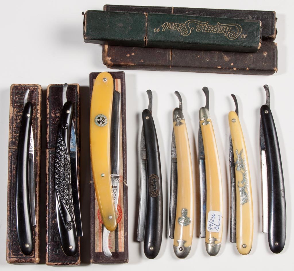 ASSORTED STRAIGHT RAZORS, LOT OF EIGHT: ASSORTED STRAIGHT RAZORS, LOT OF EIGHT, German makers including two Boker, most with embossed or inlaid handle, original and non-original boxes. Late 19th/first quarter 20th century. 6" to 6 1/4" L. P