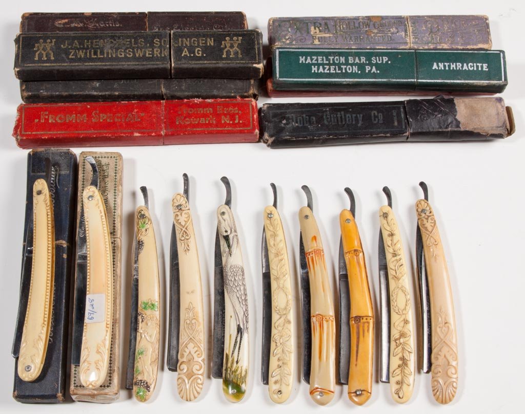 ASSORTED STRAIGHT RAZORS, LOT OF TEN: ASSORTED STRAIGHT RAZORS, LOT OF TEN, German and American makers, each with an embossed celluloid handle, original and non-original boxes. Late 19th/first quarter 20th century. 6" to 6 1/4" L. Provena