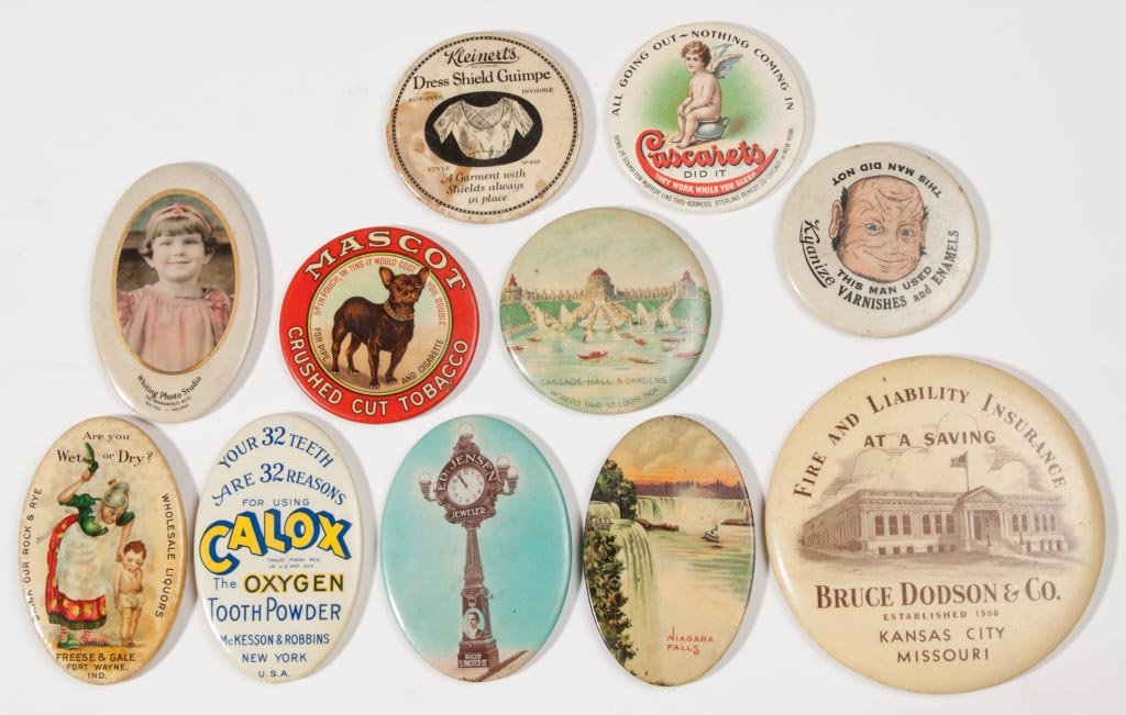 ADVERTISING AND OTHER POCKET MIRRORS, LOT OF 11: ADVERTISING AND OTHER POCKET MIRRORS, LOT OF 11, including Mascot Cut Tobacco, Freese & Gale, Fort Wayne, IN Wholesale Liquors, 1904 St. Louis World's Fair, etc. Late 19th/first quarter 20th century. 