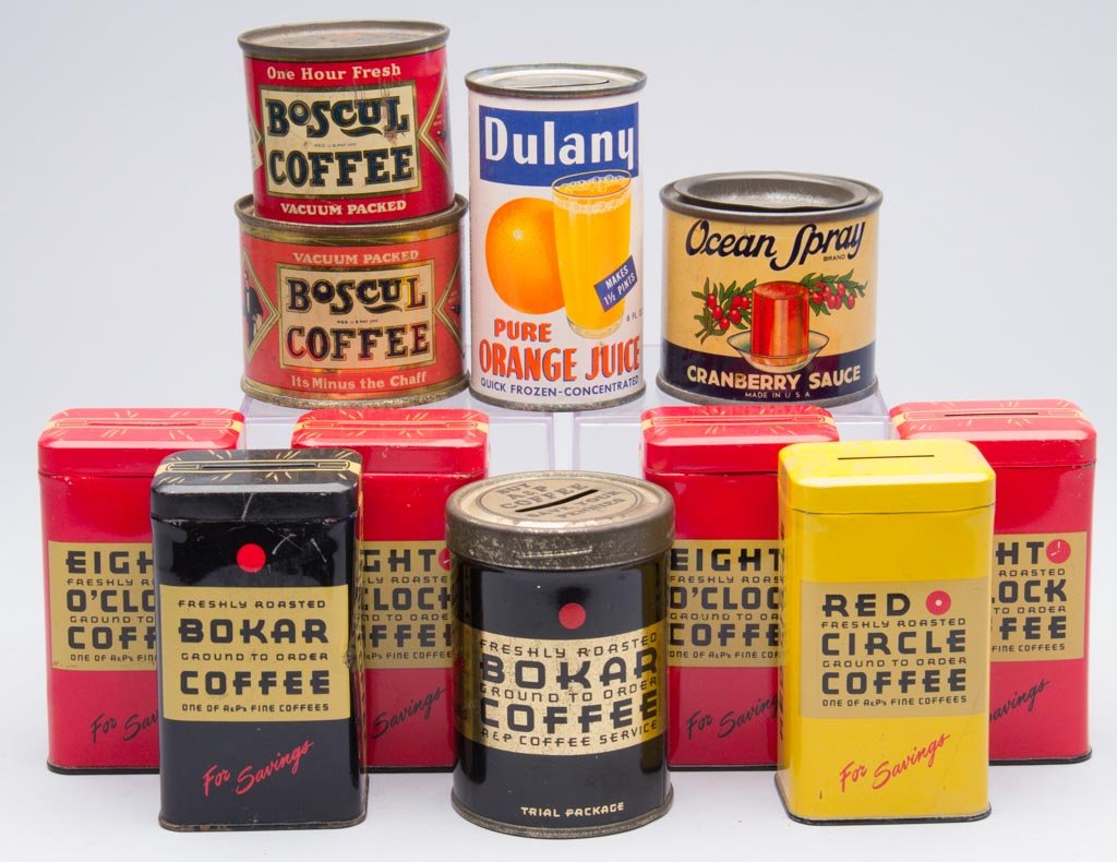 ASSORTED ADVERTISING TIN PENNY BANKS, LOT OF 11: ASSORTED ADVERTISING TIN PENNY BANKS, LOT OF 11, including two different Boscul Coffee. First half 20th century. 2 1/4" to 4" H. Provenance: From the collection of the late Betty Jane Renn, Sunbury, P