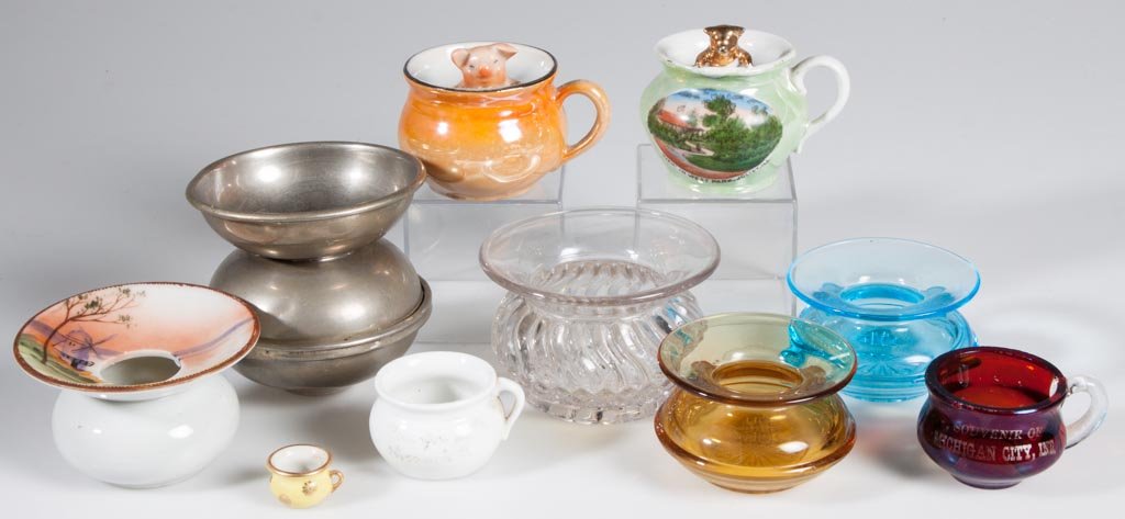 ASSORTED MINIATURE / TOY SPITTOONS AND POTTIES, LOT OF: ASSORTED MINIATURE / TOY SPITTOONS AND POTTIES, LOT OF TEN, comprising one metal, four glass and five ceramic including Limoges and Nippon. Late 19th/first quarter 20th century. 3/4" to 3 3/8" H. Prov
