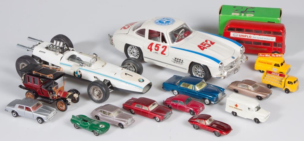 ASSORTED MODEL AND TOY VEHICLES, LOT OF 15: ASSORTED MODEL AND TOY VEHICLES, LOT OF 15, including Lesney, Matchbox, Schuco, Corgi and Burago. 20th century. 2 1/2" to 10" L. Provenance: From a Connecticut private collection.