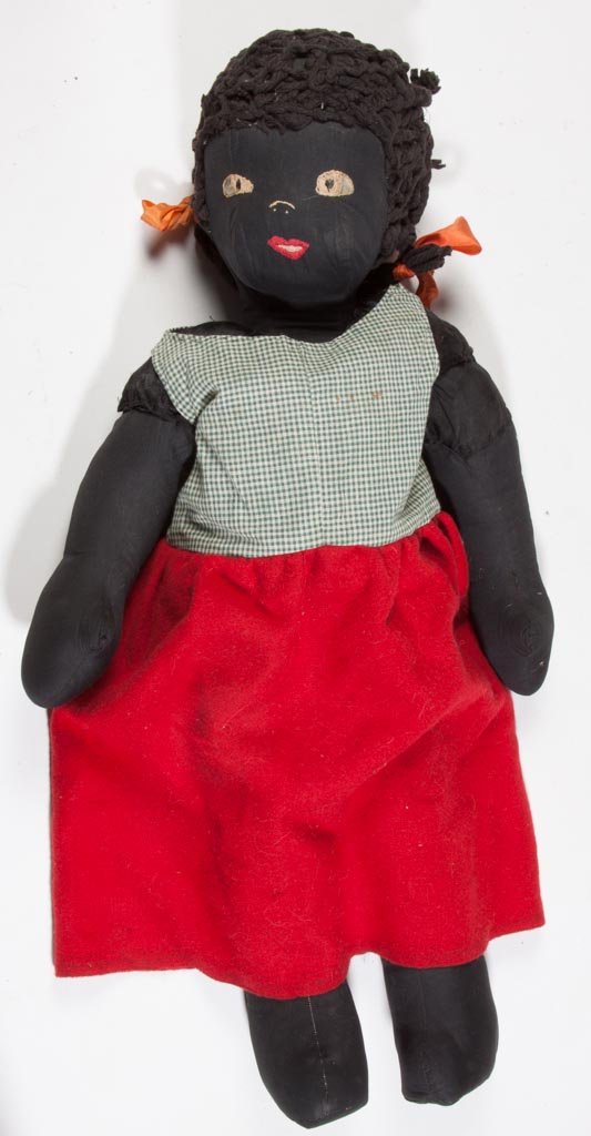 LARGE AFRICAN AMERICAN RAG DOLL: LARGE AFRICAN AMERICAN RAG DOLL, with yarn hair and embroidered facial features, jointed arms and legs. Mid 20th century. 28" H. Provenance: The estate collection of Richard and Betty Robertson, Wayne