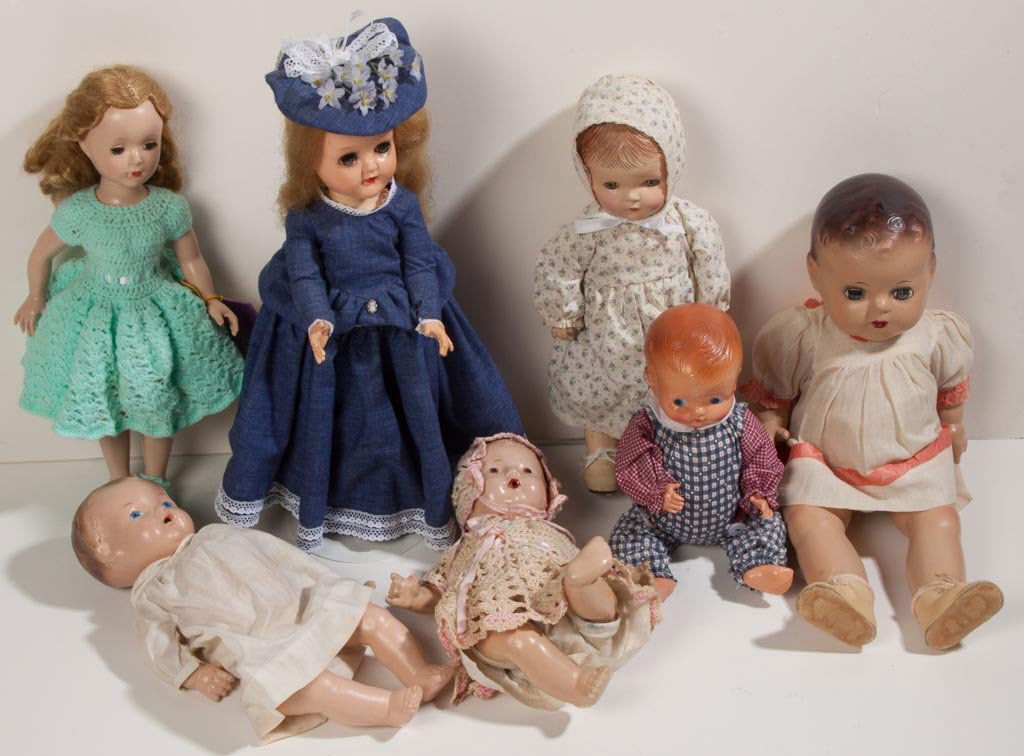 ASSORTED COMPOSITION AND PLASTIC DOLLS, LOT OF SEVEN: ASSORTED COMPOSITION AND PLASTIC DOLLS, LOT OF SEVEN, one marked Ideal. 20th century. 10" to 16" H. Provenance: The Elizabeth P. Croft estate, Staunton, VA.