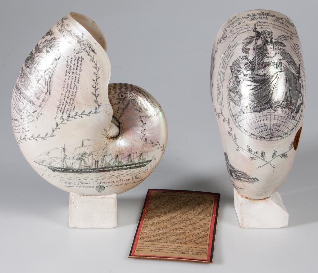 PAIR OF 1851 CRYSTAL PALACE EXPOSITION ENGRAVED: PAIR OF 1851 CRYSTAL PALACE EXPOSITION ENGRAVED NAUTILUS SHELLS, signed by C. H. Wood, each with a depiction of "The Great Exhibition Building / London 1851" one side and "To The British Nation", coat