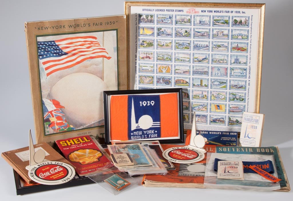 1939 NEW YORK WORLD'S FAIR EPHEMERA AND TEXTILES, LOT: 1939 NEW YORK WORLD'S FAIR EPHEMERA AND TEXTILES, LOT OF 37, including L'Illustration special edition, 16 post cards, admission tickets, framed stamps, maps, and pennants. Three pieces are modern. Lar