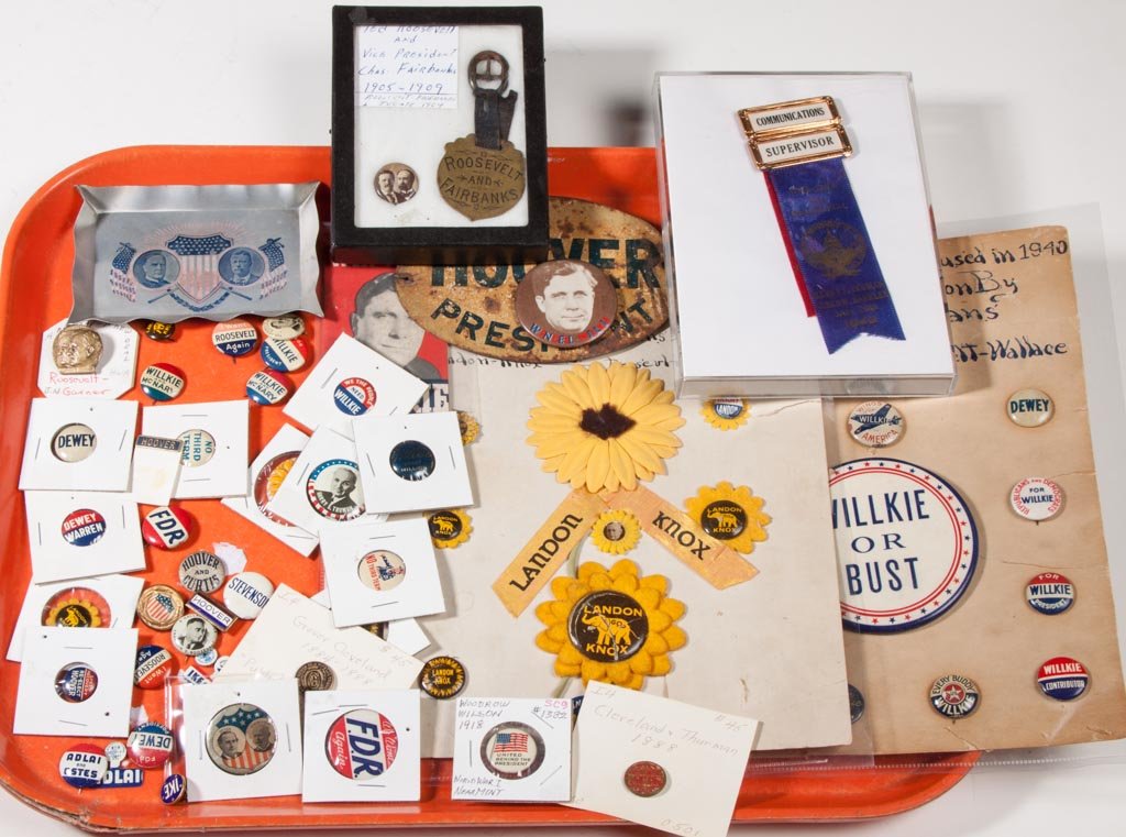 UNITED STATES PRESIDENTIAL MEMORABILIA: UNITED STATES PRESIDENTIAL MEMORABILIA, uncounted lot, including Grover Cleveland and Cleveland & Thurman lapel buttons, and a Roosevelt/Fairbanks watch fob. Mostly late 19th/first half 20th century. 