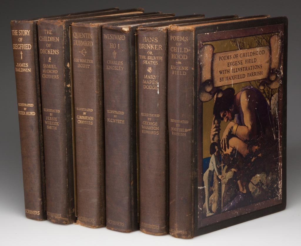 ILLUSTRATED CHILDREN'S BOOKS, LOT OF SIX: ILLUSTRATED CHILDREN'S BOOKS, LOT OF SIX, each published by Charles Scribner's Sons, artists include Maxfield Parrish, N. C. Wyeth, Jessie Wilcox Smith, and Peter Hurd. Original hard covers. Dated 190