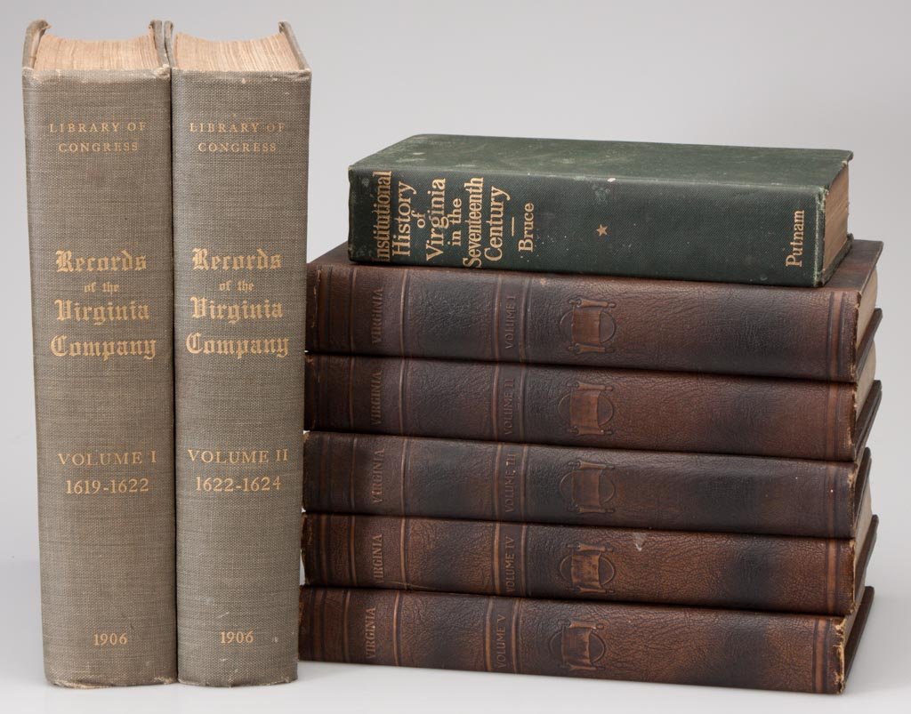 VIRGINIANA VOLUMES, LOT OF EIGHT: VIRGINIANA VOLUMES, LOT OF EIGHT, including Kingsbury, "The Records of the Virginia Company in London," two volumes, 1906, and Bruce, "Virginia, Rebirth of the Old Dominion," five volumes, 1929. Hard 