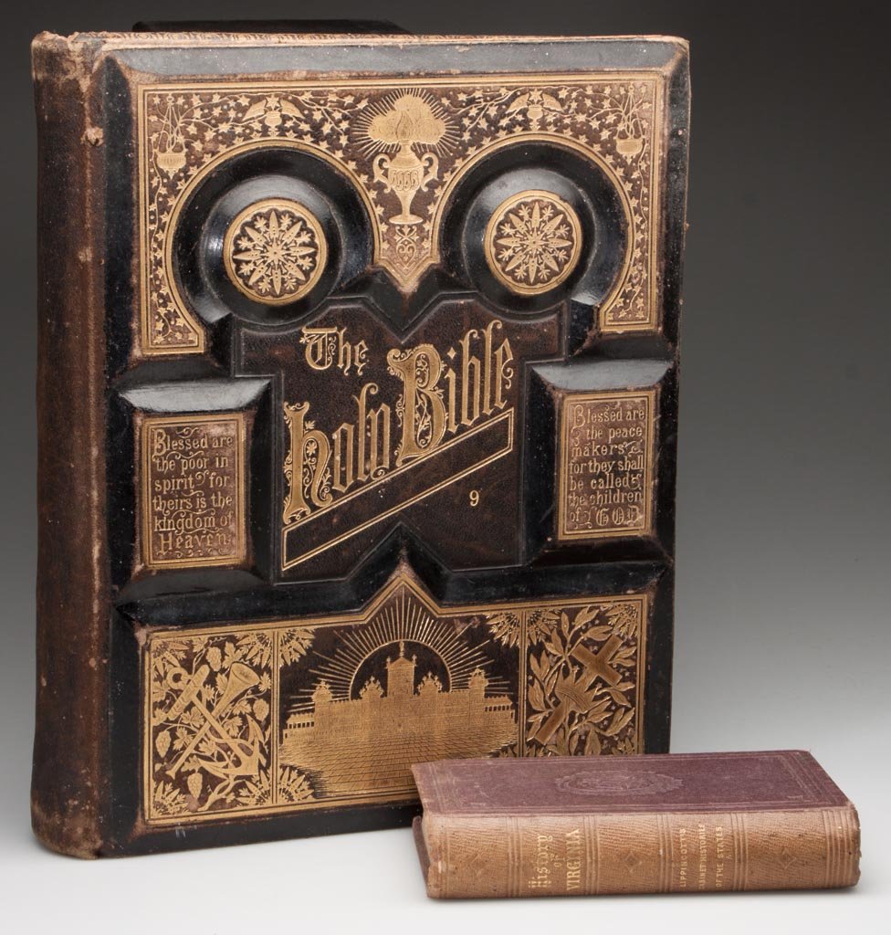 VIRGINIANA VOLUMES, LOT OF TWO: VIRGINIANA VOLUMES, LOT OF TWO, comprising Arthur and Carpenter "The History of Virginia", 1854, and a salesman's sample Holy Bible published by B. F. Johnson & Co., Richmond, VA, 1886, with a list of
