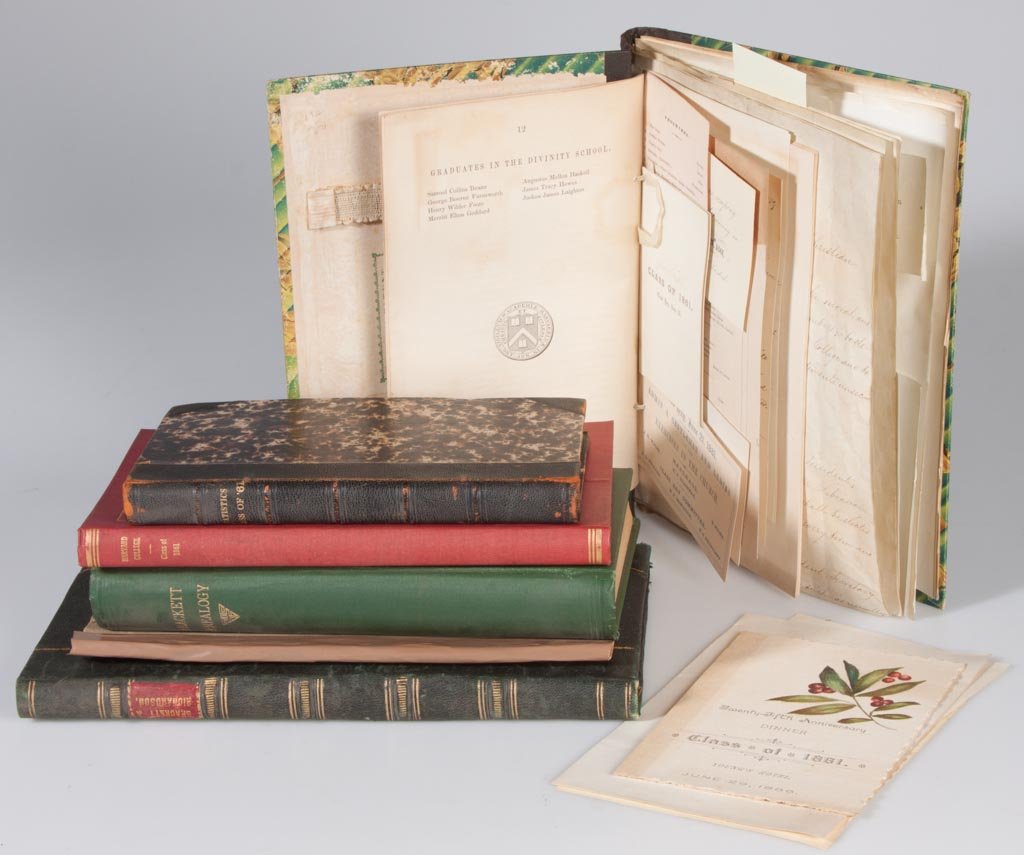 HARVARD COLLEGE AND BRACKETT FAMILY ARCHIVES: HARVARD COLLEGE AND BRACKETT FAMILY ARCHIVES, including a portfolio file of the Harvard College Class of 1861 kept by James Edward Wright, Class Secretary, containing printed ephemera and manuscript m