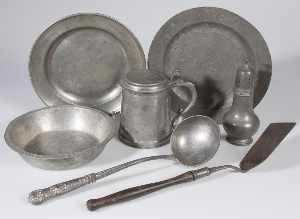 PEWTER AND OTHER DOMESTIC ARTICLES, LOT OF SEVEN: PEWTER AND OTHER DOMESTIC ARTICLES, LOT OF SEVEN, including a signed Ashbil Griswold, Meriden, CT plate and a tankard signed for James Dixon & Sons, Cornish Pewter. 19th and 20th century. Plate 8 3/4"