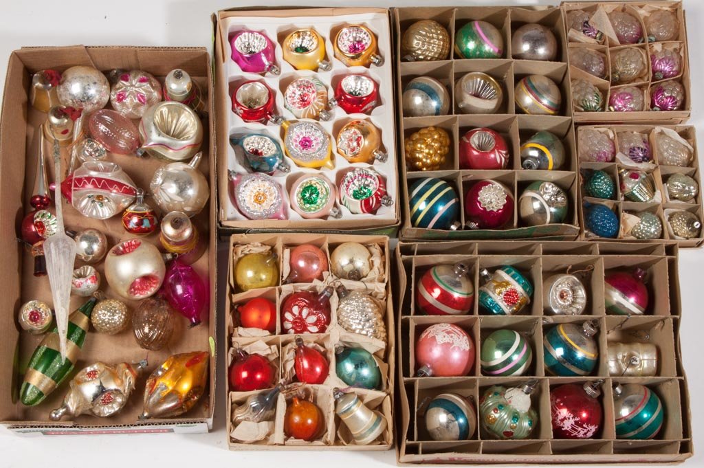 ASSORTED VINTAGE GLASS CHRISTMAS ORNAMENTS, SEVEN BOXES: ASSORTED VINTAGE GLASS CHRISTMAS ORNAMENTS, SEVEN BOXES, approximately 90 pieces, including figural, six period boxes. 20th century. 1 1/2" to 9 1/2" L. Provenance: The estate collection of Richard an