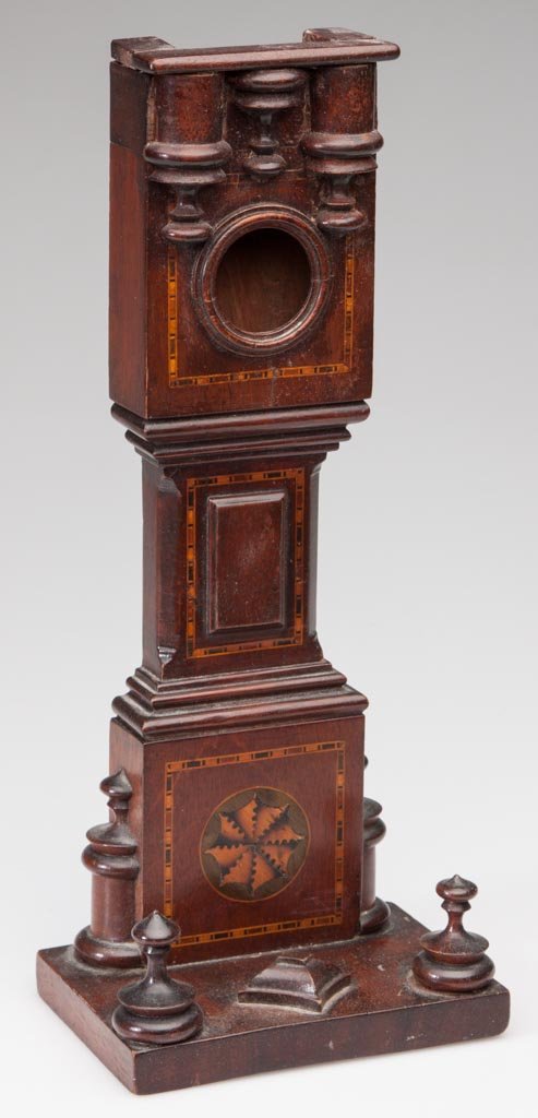 INLAID MAHOGANY WATCH HUTCH: INLAID MAHOGANY WATCH HUTCH, tall-case clock form with turned decorative elements, original removable back. Second half 19th century. 12" H. Provenance: Property of a Charlottesville, VA collector.