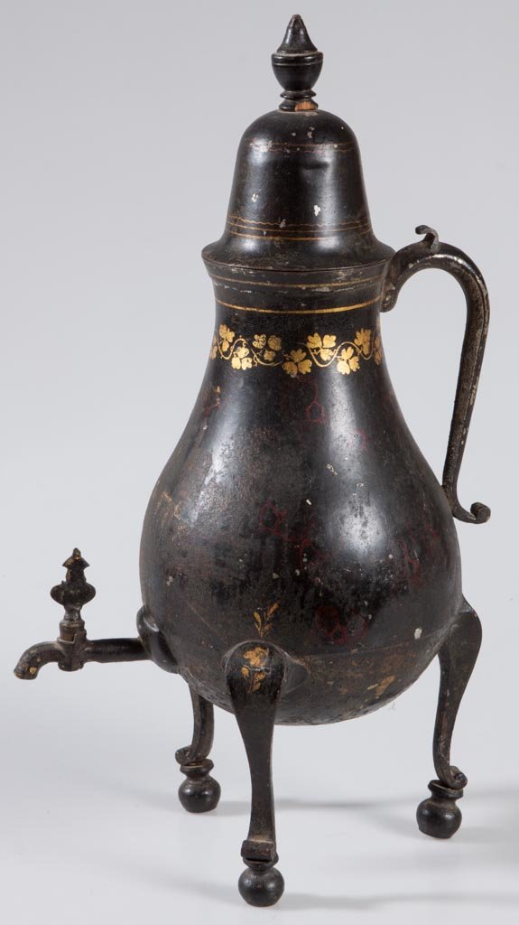 FRENCH TOLE PAINTED HOT WATER URN: FRENCH TOLE PAINTED HOT WATER URN, black ground, pyriform with single handle and high, domed cover, raised on thee cabriole legs terminating in ball feet, original decoration. First half 19th century.