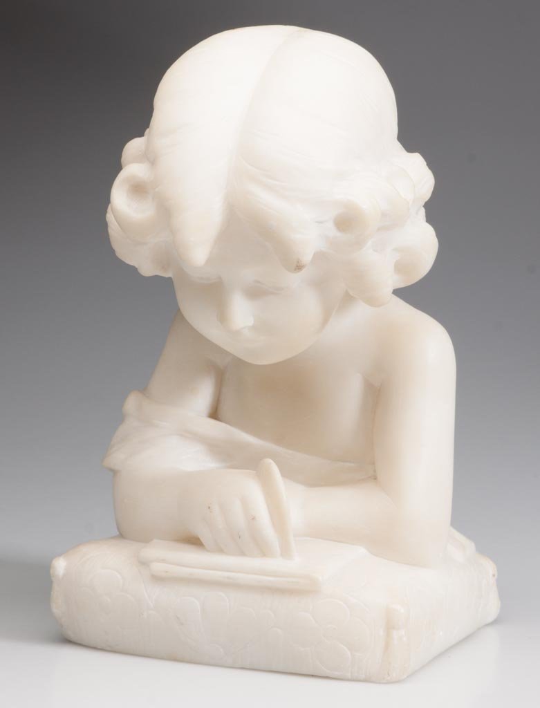 ADOLFO CIPRIANI (ITALIAN, ACT. 1880-1930) MARBLE BUST: ADOLFO CIPRIANI (ITALIAN, ACT. 1880-1930) MARBLE BUST, depicting a young child on a pillow-like base, signed "A. Cipriani" on verso. 20th century. 7" H.