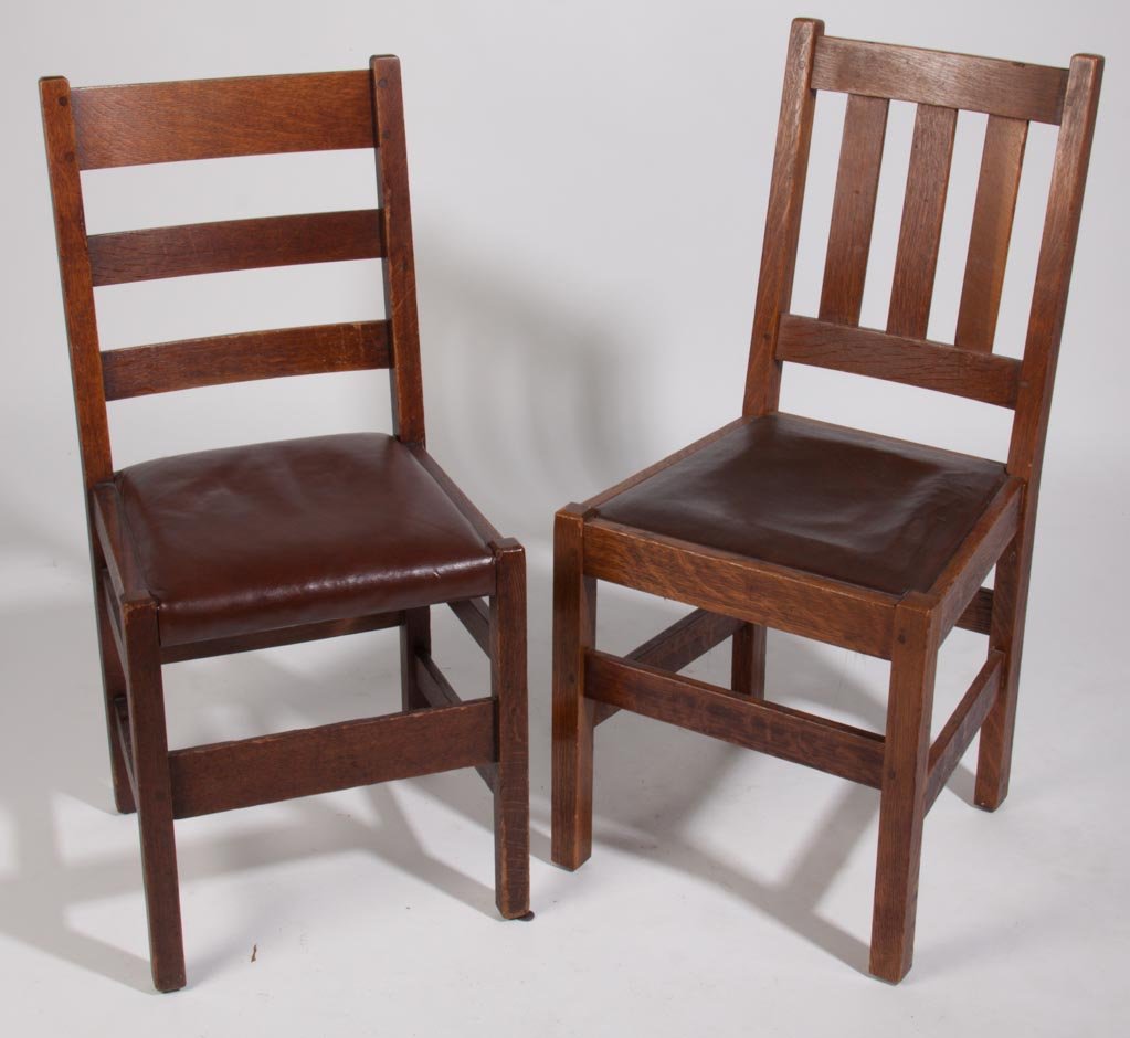 AMERICAN ARTS & CRAFTS OAK SIDE CHAIRS, LOT OF TWO: AMERICAN ARTS & CRAFTS OAK SIDE CHAIRS, LOT OF TWO, comprising an L. & G. Stickley with red decal and three horizontal slats, and a Lifetime Furniture Co. with label and three vertical slats. First qu