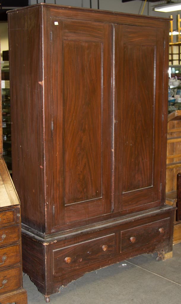 SHENANDOAH VALLEY OF VIRGINIA PAINT-DECORATED WARDROBE: SHENANDOAH VALLEY OF VIRGINIA PAINT-DECORATED WARDROBE, poplar and yellow pine, in two sections, upper case with applied flat cornice above two fielded-panel doors concealing an open interior with met