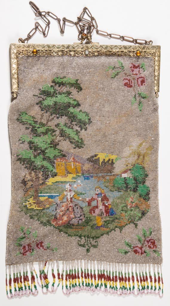 VINTAGE LADY'S PICTORIAL BEADED PURSE: VINTAGE LADY'S PICTORIAL BEADED PURSE, gold-tone metal frame with faux jewels, landscape design with figures, original chain and lining. First quarter 20th century. 10 1/2" x 6 1/2". Provenance: From