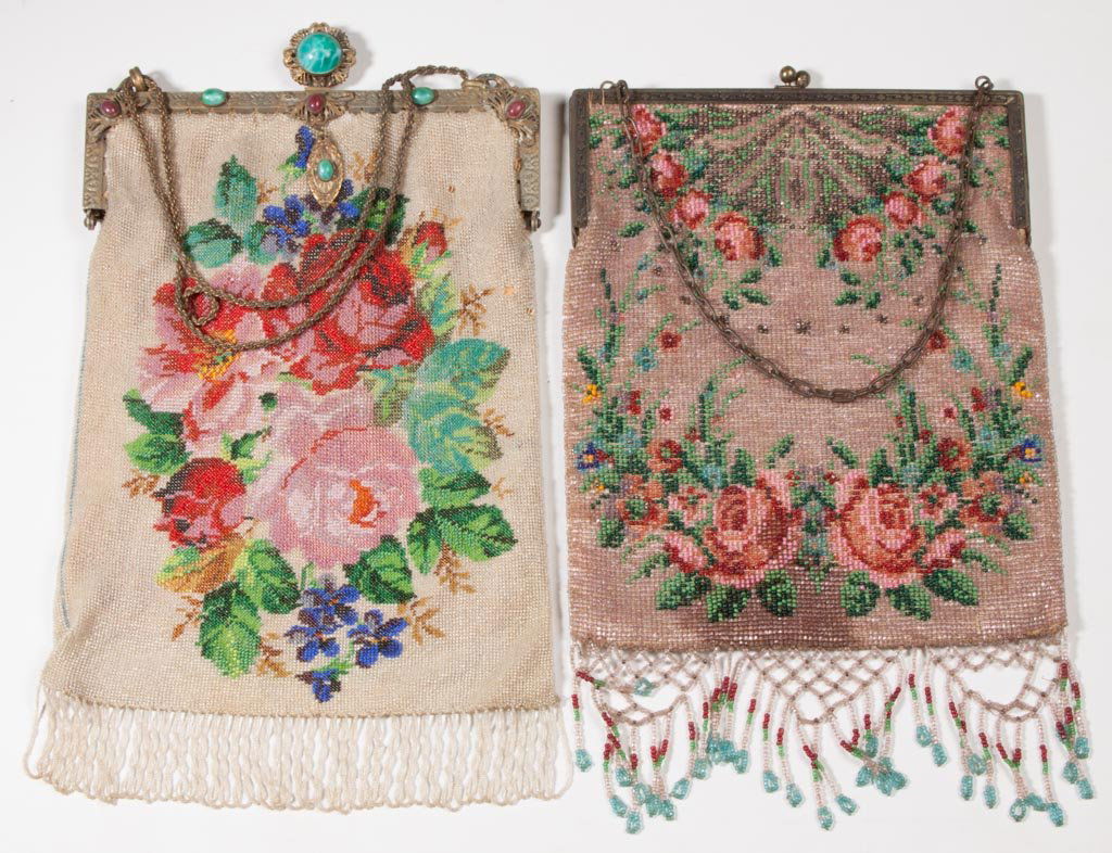 VINTAGE LADY'S BEADED PURSES, LOT OF TWO: VINTAGE LADY'S BEADED PURSES, LOT OF TWO, each with gold-tone metal frame, one with applied scrolls and faux jewels, polychrome floral designs, each with chain and lining. First quarter 20th century.
