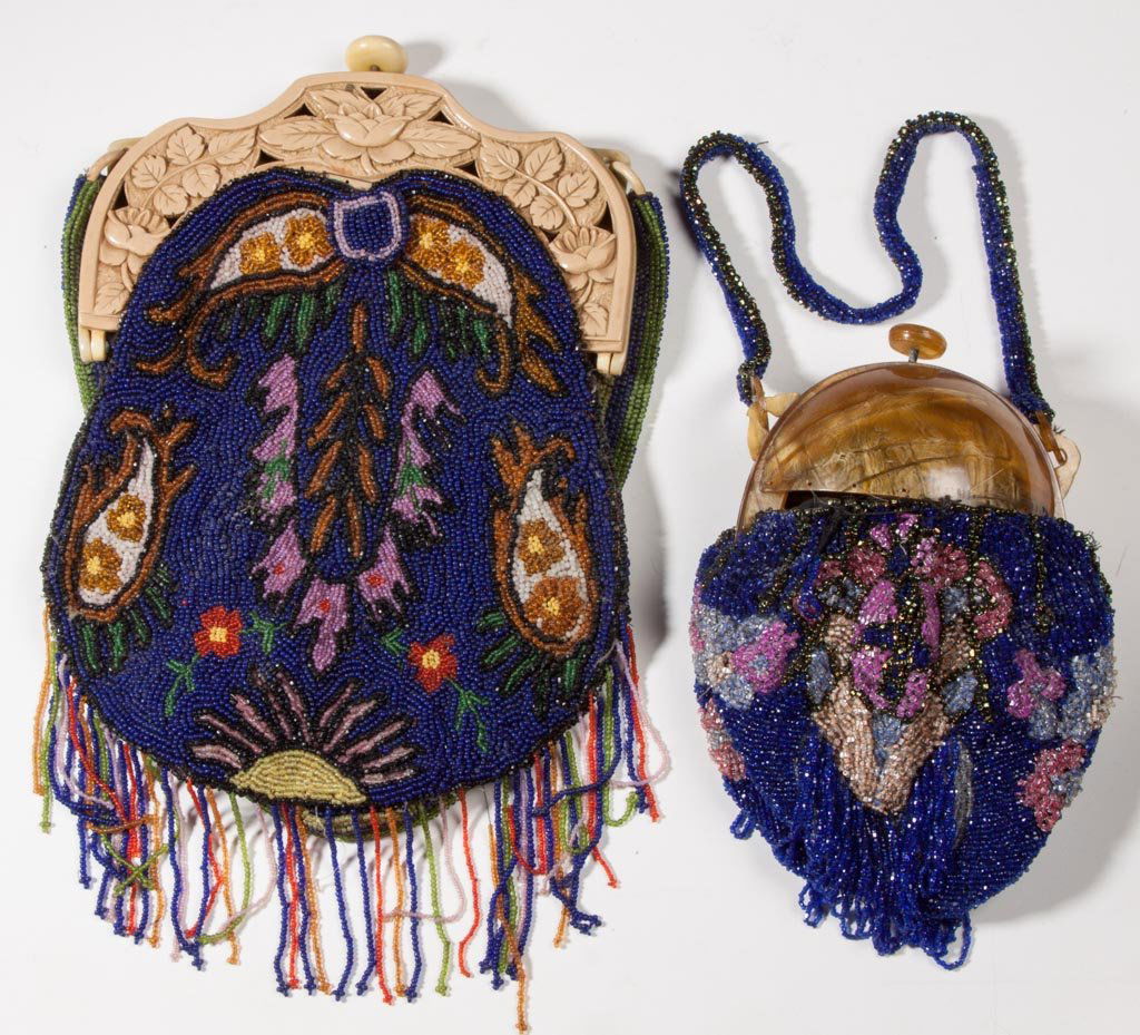 VINTAGE LADY'S BEADED PURSES, LOT OF TWO: VINTAGE LADY'S BEADED PURSES, LOT OF TWO, each with celluloid frame, bright polychrome foliate designs, original beaded strap and lining. Circa 1925. 12 1/2" and 7 1/2" L. Provenance: From a private S