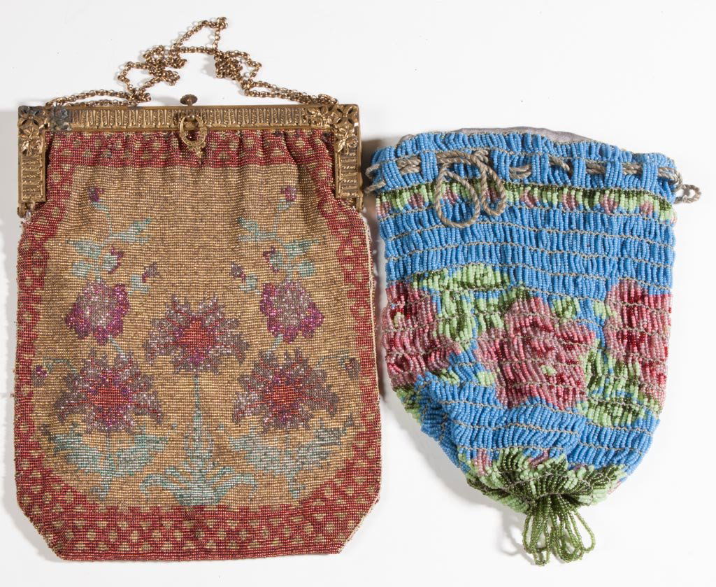 VINTAGE LADY'S BEADED PURSES, LOT OF TWO: VINTAGE LADY'S BEADED PURSES, LOT OF TWO, comprising a metallic-bead example with an elaborate gilt-metal frame, and a glass-bead example with draw-string top. First half 20th century. 9" and 7" L. Pr