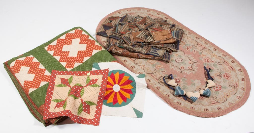 AMERICAN COUNTRY TEXTILES: AMERICAN COUNTRY TEXTILES, comprising a Cross Patch pattern pieced quilt, two quilt blocks, five joined hearts, a partially disassembled Log Cabin quilt top, and a hooked rug. Fourth quarter 19th to f