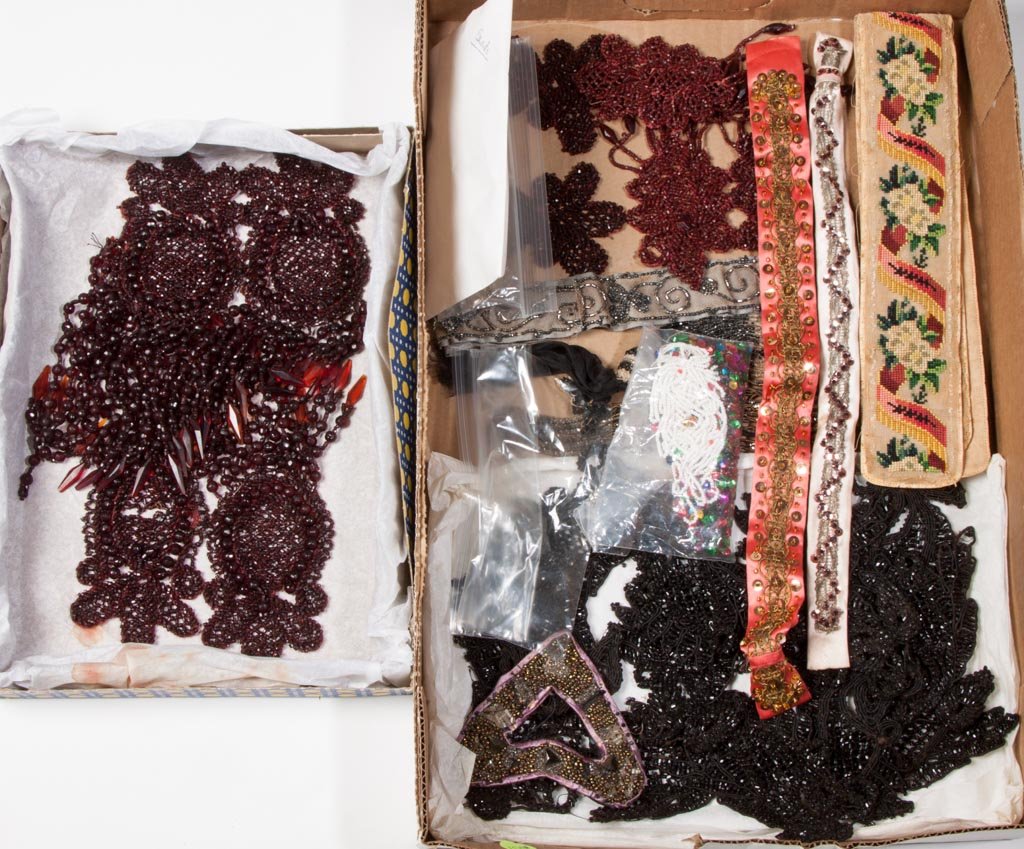 VICTORIAN BEADWORK ARTICLES, UNCOUNTED LOT: VICTORIAN BEADWORK ARTICLES, UNCOUNTED LOT, including various figural ornaments in jet black and burgundy, and various pattern sashes. Late 19th and 20th century. Various sizes. Provenance: The estate