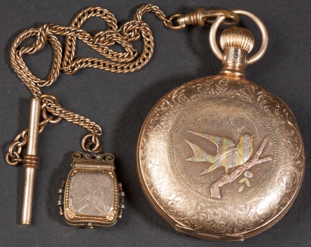 COLUMBUS WATCH CO. POCKET WATCH: COLUMBUS WATCH CO. POCKET WATCH, 18 size, movement marked "39859", gold-filled hunting case marked "Elgin Giant" and with applied three-color gold decorations. With gold-filled chain and locket fob co