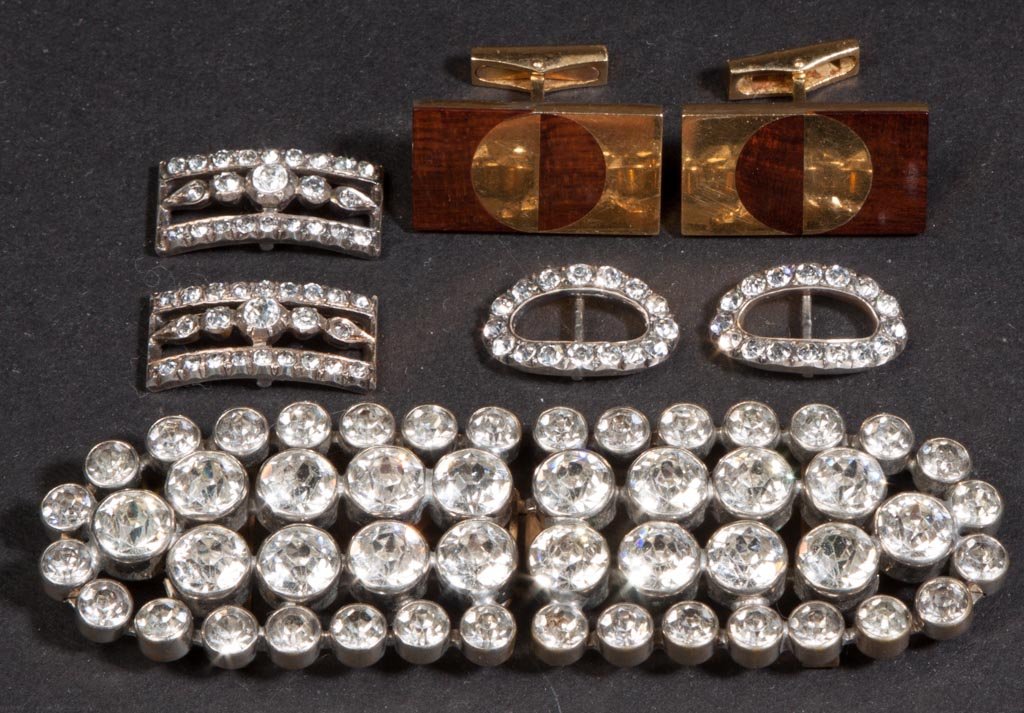 ASSORTED FRENCH JEWELRY, LOT OF EIGHT: ASSORTED FRENCH JEWELRY, LOT OF EIGHT, comprising a pair of gold cuff links with double eagle head hallmarks, two pair of small silver and paste buckles with boar head hallmarks, and a large unmarked