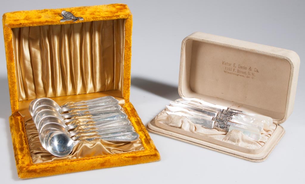 GORHAM "EDGEWORTH" CREAM SOUP SPOONS, SET OF 12: GORHAM "EDGEWORTH" CREAM SOUP SPOONS, SET OF 12, monogrammed, in a fitted case. Sterling weight: 8.50 ozt. Together with a boxed set of mother-of-pearl and sterling handle fruit knives. Two sets total