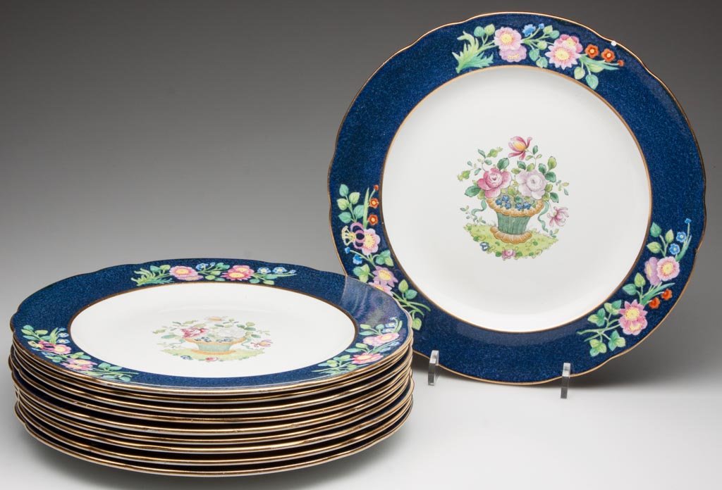 COPELAND SPODE DINNER PLATES, SET OF 10: COPELAND SPODE DINNER PLATES, SET OF 10, each featuring a polychrome painted and printed floral center surrounded by a blue border with lightly molded floral sprays, impressed and black under-glaze ma