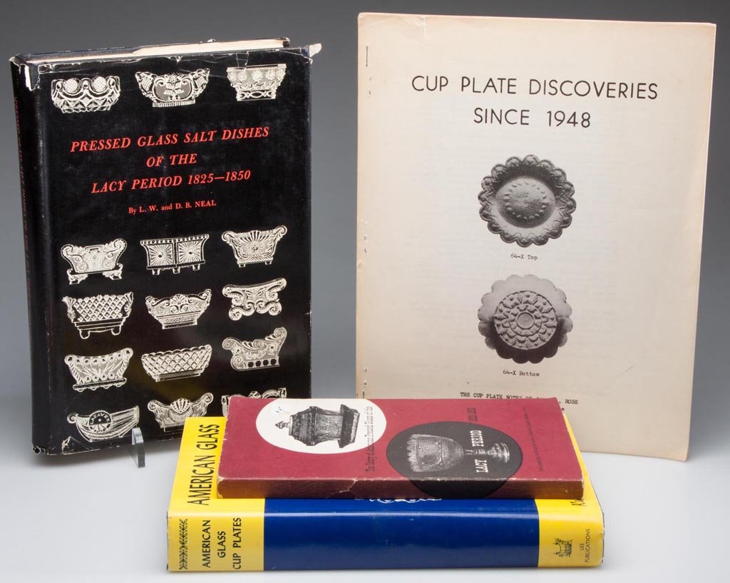 LACY GLASS REFERENCE VOLUMES, LOT OF FOUR: LACY GLASS REFERENCE VOLUMES, LOT OF FOUR, including "Pressed Glass Salt Dishes of the Lacy Period 1825-1850", L. W. and D. B. Neal, 1962; "American Glass Cup Plates", Ruth Webb Lee and James H. Rose,