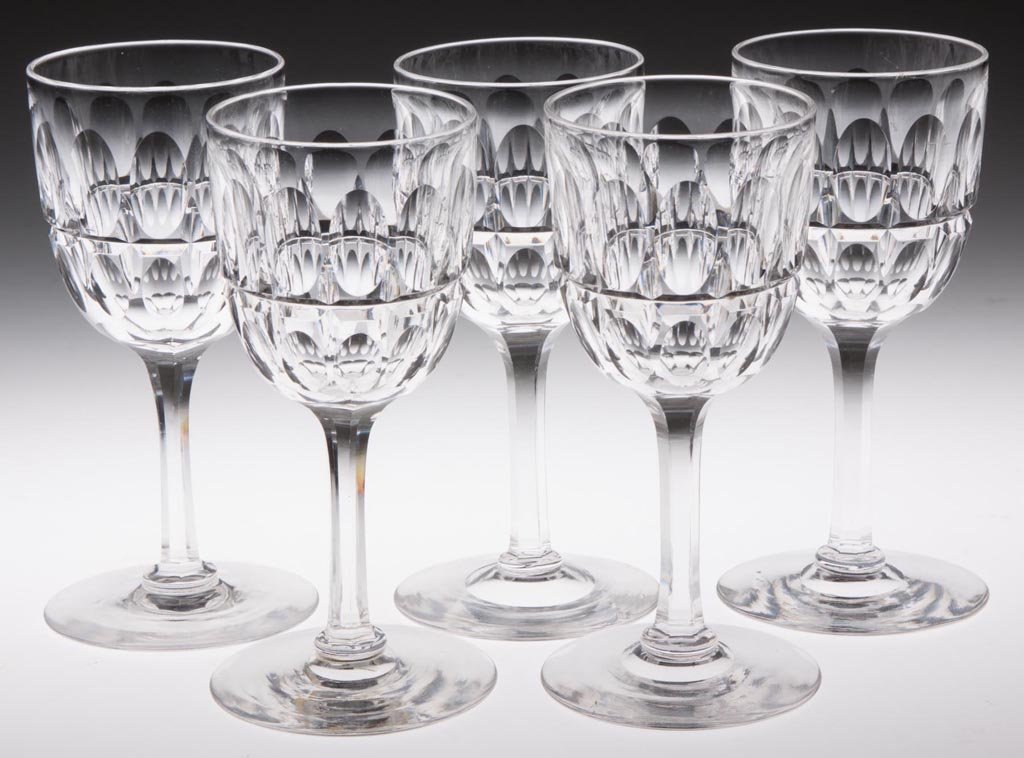 DORFLINGER OVAL AND SPLIT WINE GLASSES, SET OF FIVE: DORFLINGER OVAL AND SPLIT WINE GLASSES, SET OF FIVE, colorless, each with cut hexagonal stem, four with polished pontil mark. C. Dorflinger & Son. Late 19th/early 20th century. 4 5/8" H.
