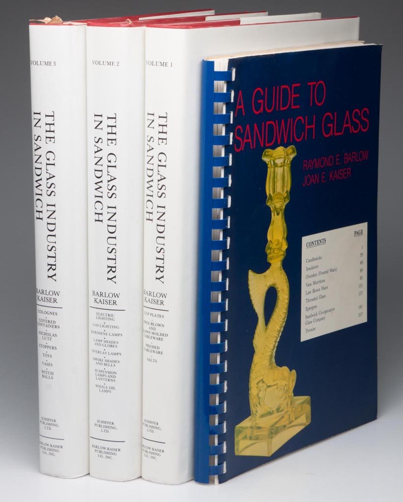 SANDWICH GLASS REFERENCE VOLUMES, LOT OF FOUR: SANDWICH GLASS REFERENCE VOLUMES, LOT OF FOUR, "The Glass Industry in Sandwich", volumes 1-3 and "A Guide to Sandwich Glass (volume 4 abridged)", Raymond Barlow and Joan Kaiser, 1985-1993. Hard covers