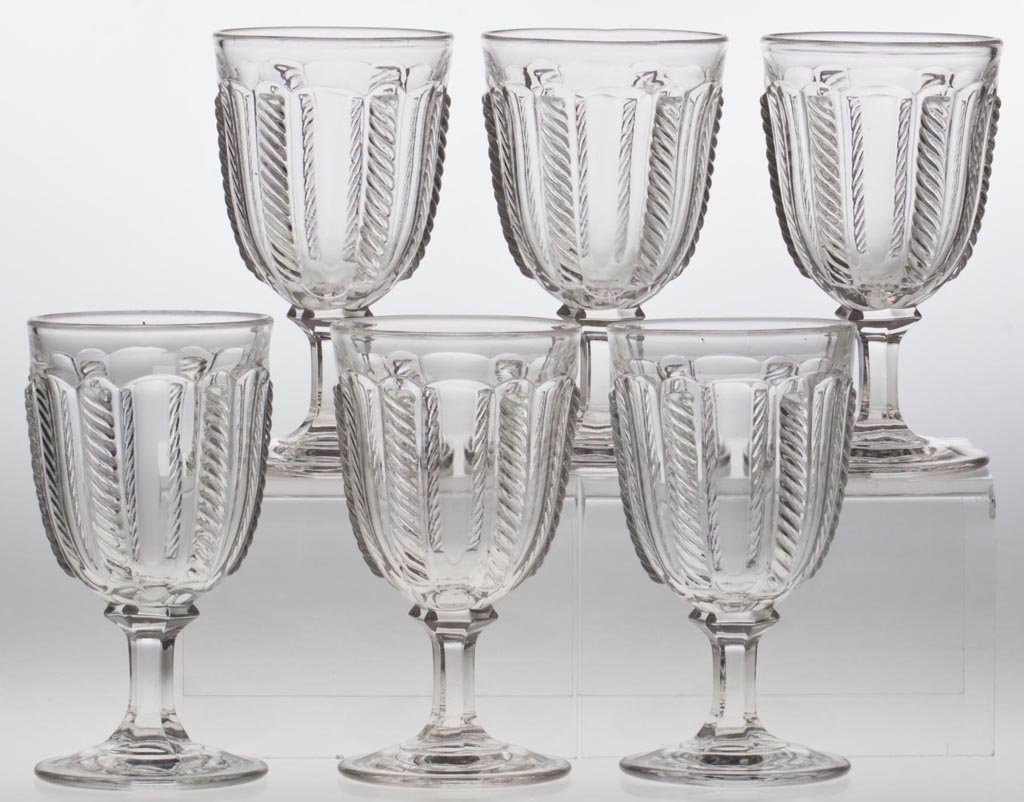 CABLE LARGE GOBLETS, LOT OF SIX: CABLE LARGE GOBLETS, LOT OF SIX, colorless lead glass. Third quarter 19th century. 6 3/8" to 6 1/2" H. Provenance: Lillian "Lil" and Walter "Bud" Marchant Collection/Lil-Bud Antiques.